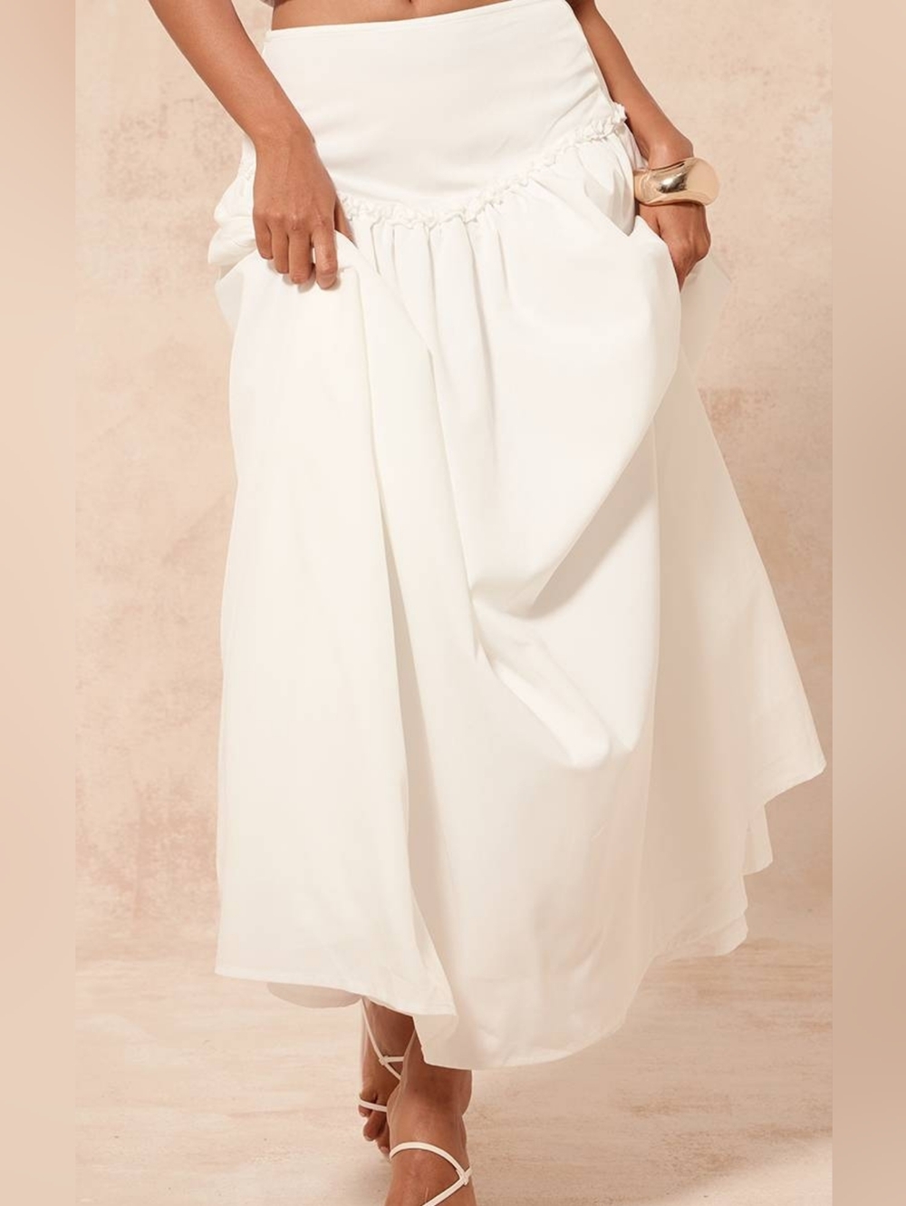PrettyLittleThing White Drop Waist Maxi Skirt Flowy Full NWT